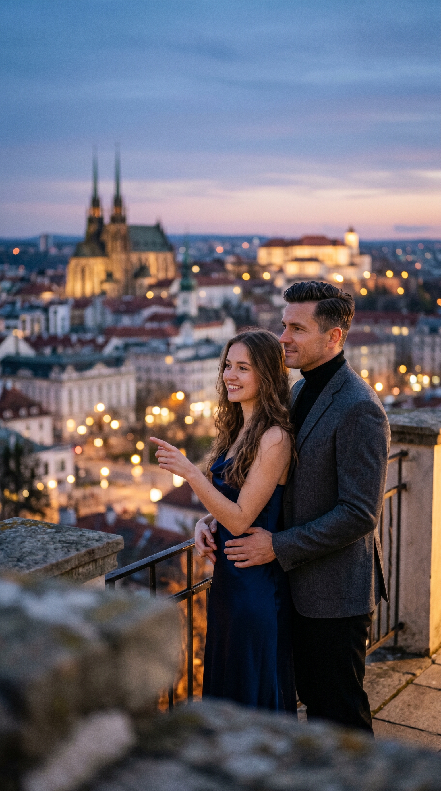 Sugar daddy Brno – pár s výhledem na osvětlené město