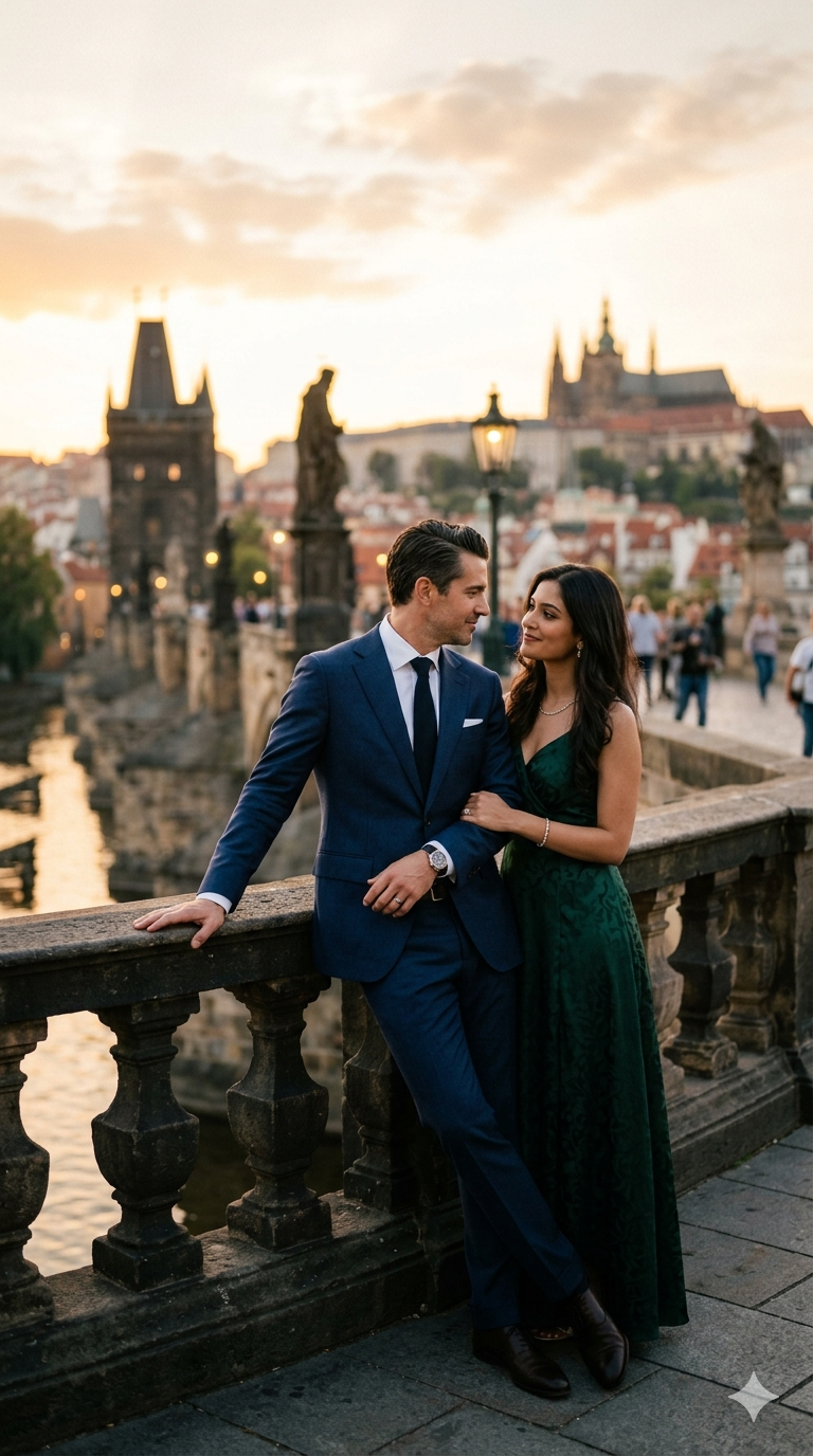 Elegantní pár na Karlově mostě v Praze – sugar daddy Česko